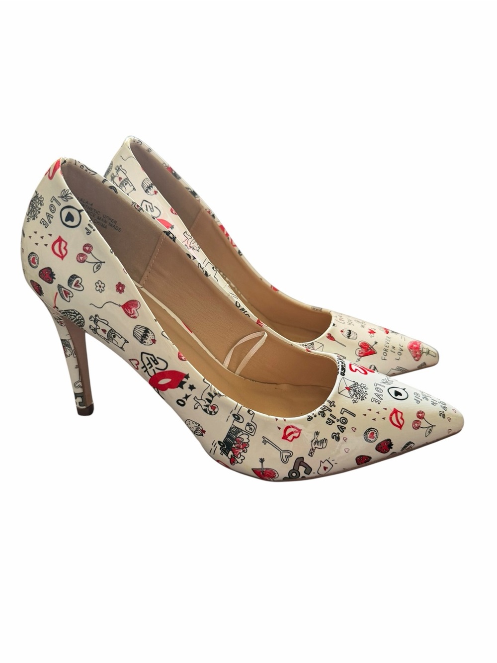Chase + Chloe Cream Pointed Toe Stiletto Pumps with Red and Black Print